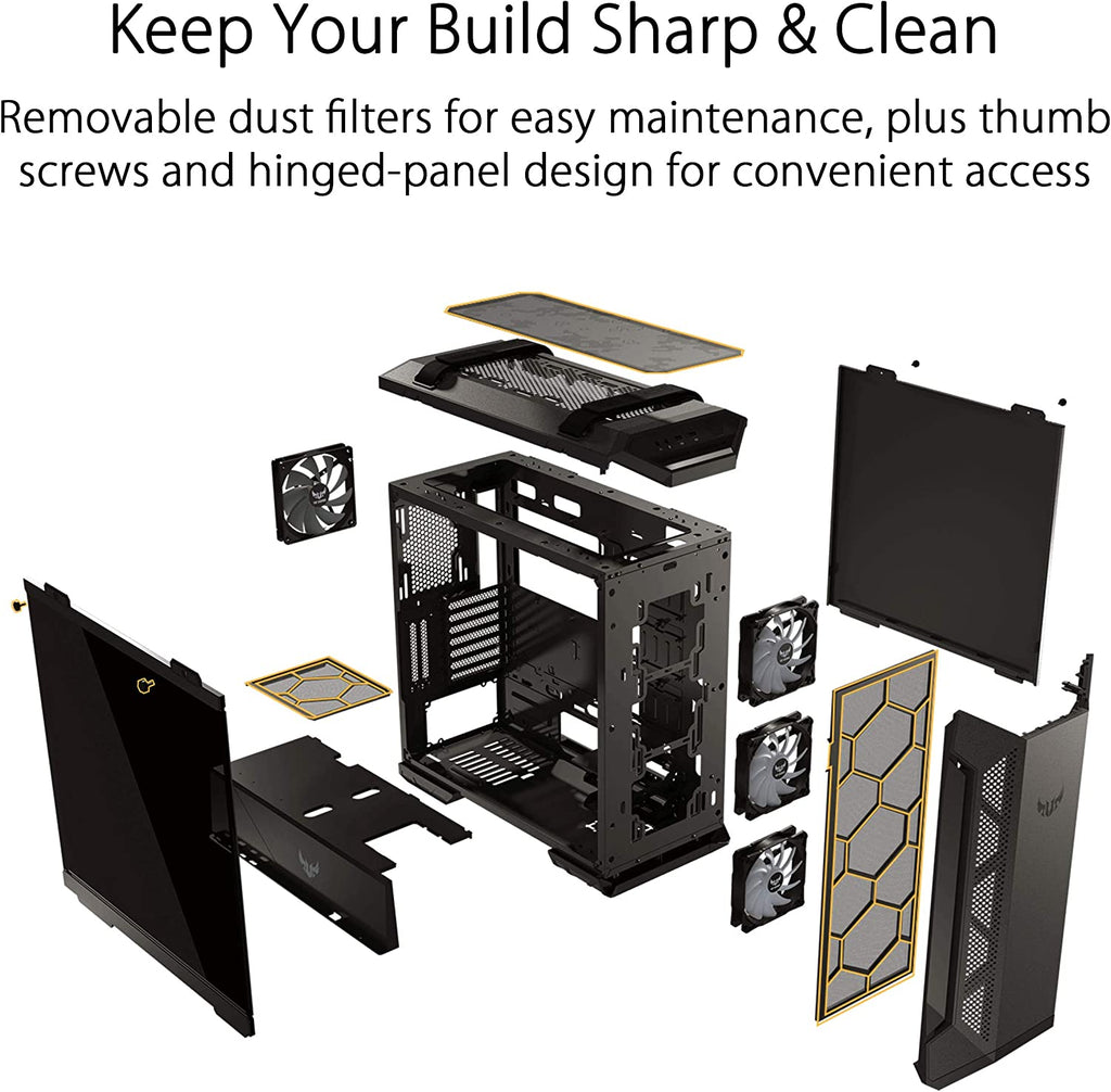 TUF Gaming GT501 Mid-Tower Gaming Case, EATX Support, Pre-Installed 4 Case Fans, USB 3.0 Front Panel, Smoked Tempered Glass, Steel Construction, 2 Year Warranty